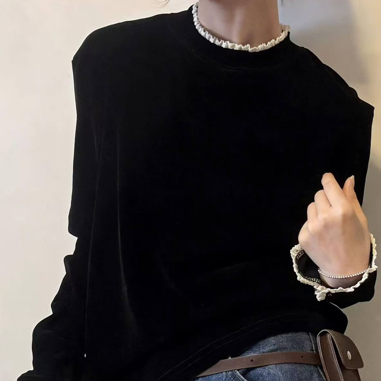 蕾丝拼接丝绒长袖圆领打底T恤女秋冬百搭显瘦时尚上衣