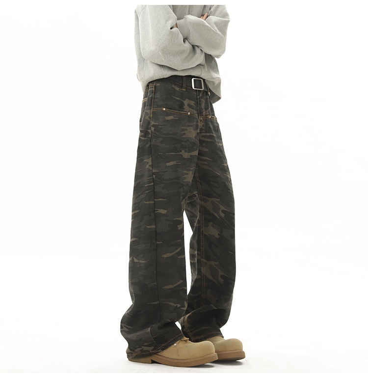 美式迷彩工装微喇牛仔裤秋冬季2025新款多口袋设计感高腰阔腿裤子