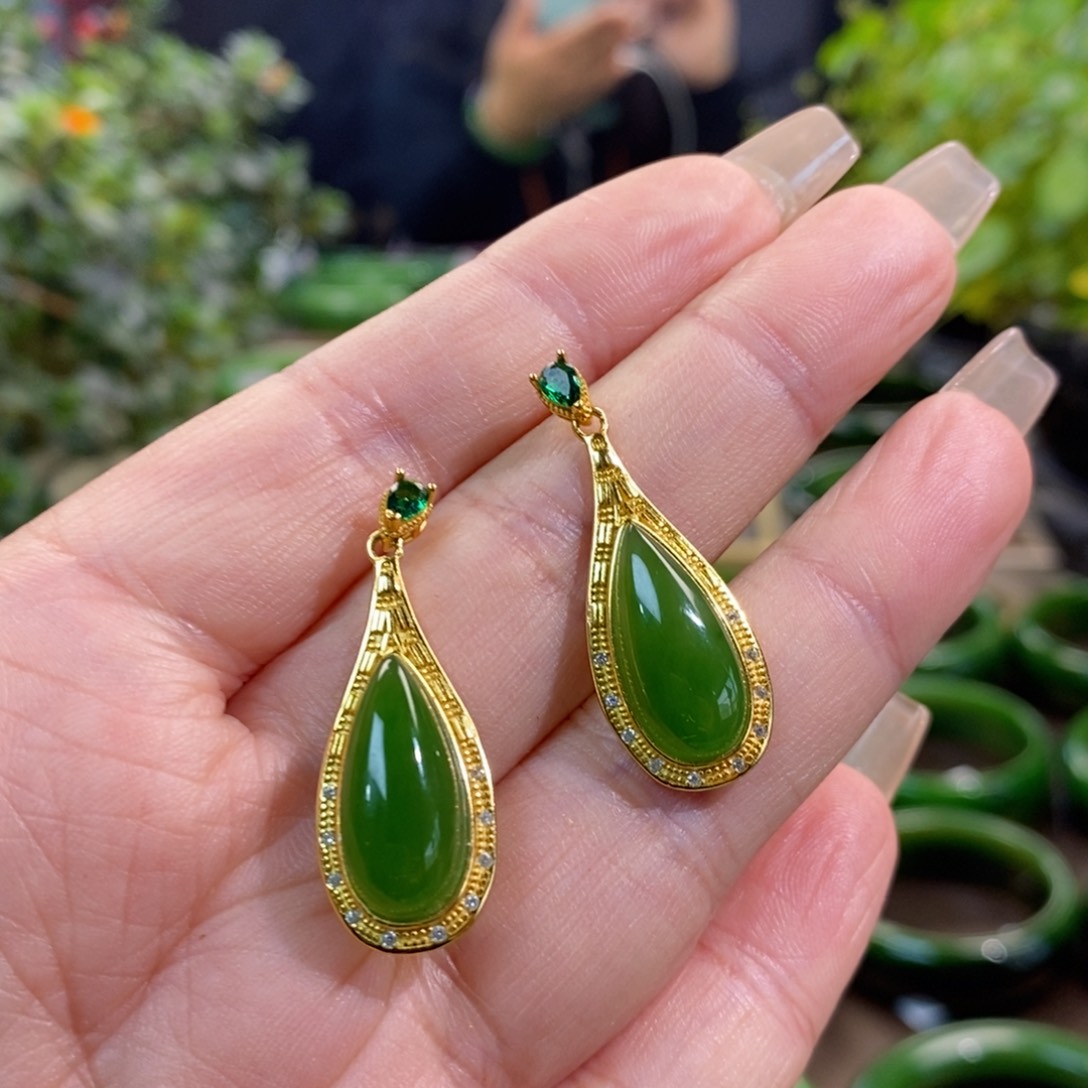 和田玉（碧玉）耳饰银S925镶嵌