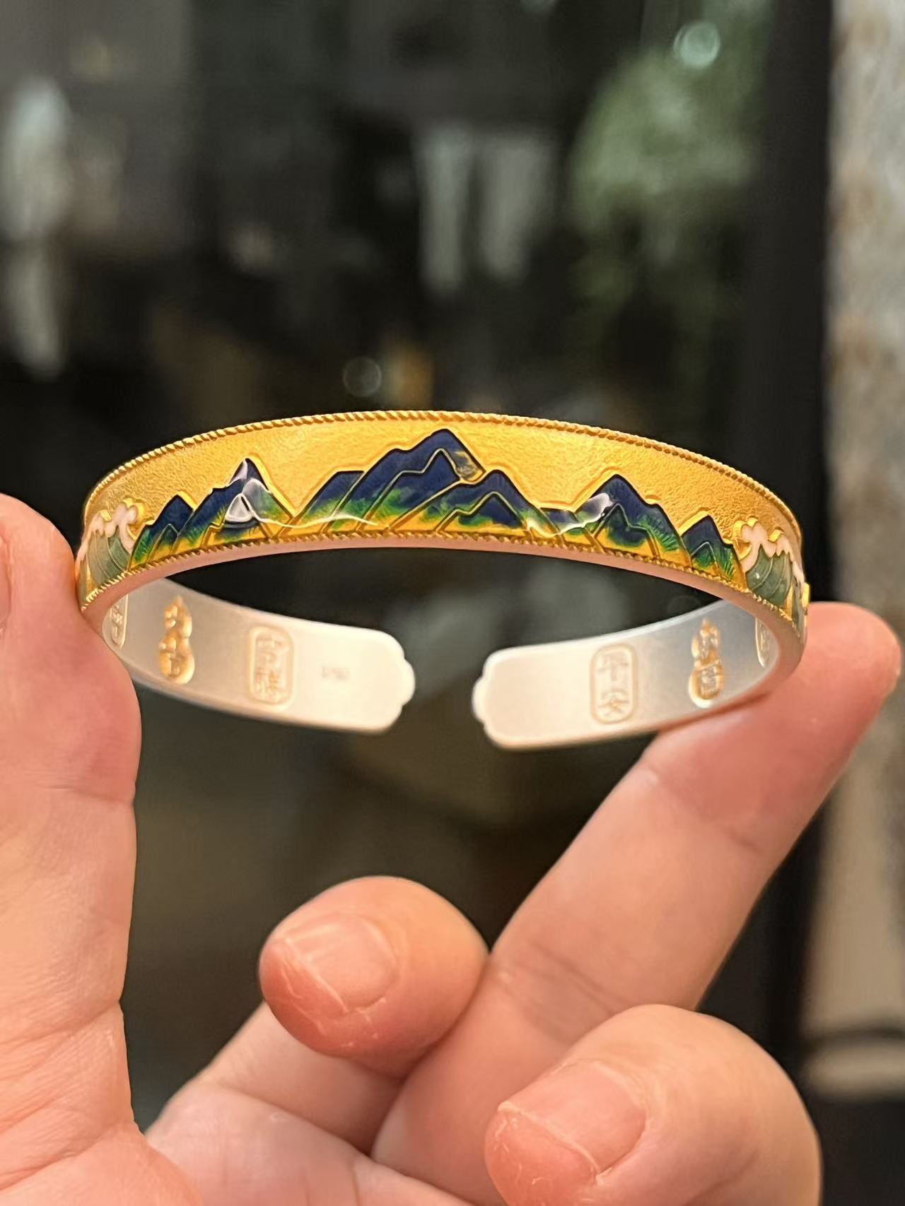 足银珐琅手镯 足银千里江山开口镯