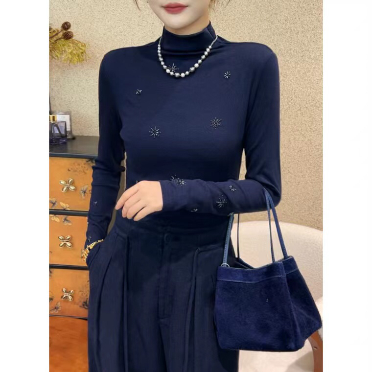 MZ重工钉珠半高领长袖打底衫t恤女2025秋高级感时尚修身型显瘦