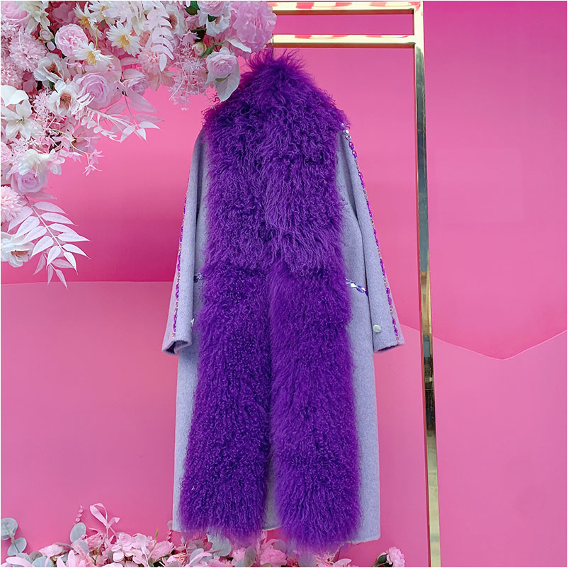 P2221欧美设计师2025冬季新款钉钻刺绣卷羊毛领配围巾羊绒大衣女