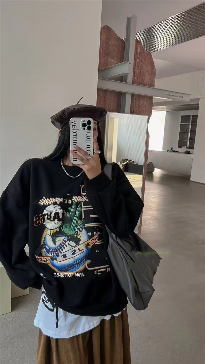 655植绒女圆领卡通印花宽松卫衣韩版百搭ins休闲