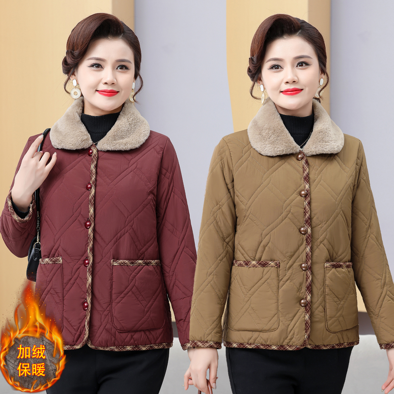 9217小棉袄保暖中老年女秋冬棉衣妈妈冬装加绒棉服短款外套轻薄款