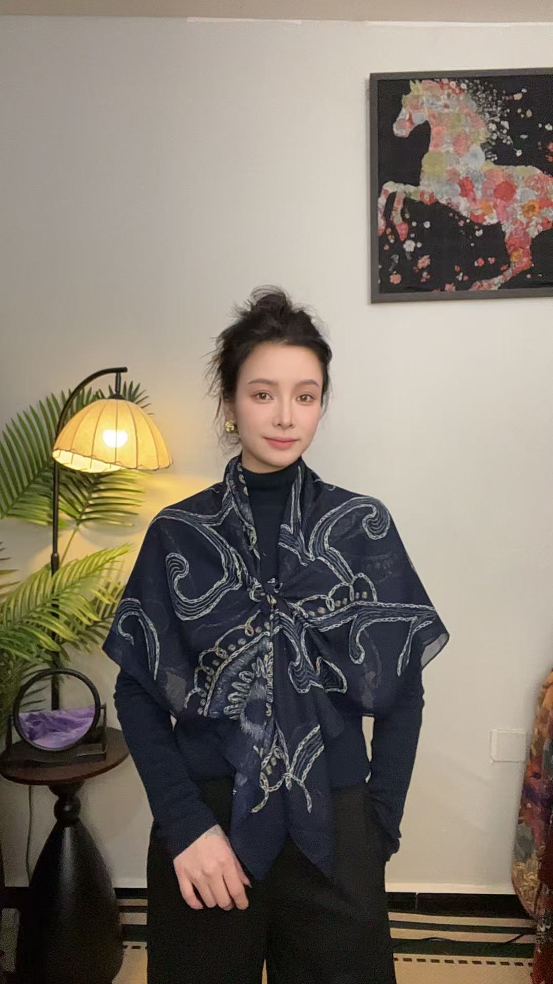 【藏蓝腰果】105*105双面不反丝凌霄纱优雅风丝巾围巾大方巾气质 女