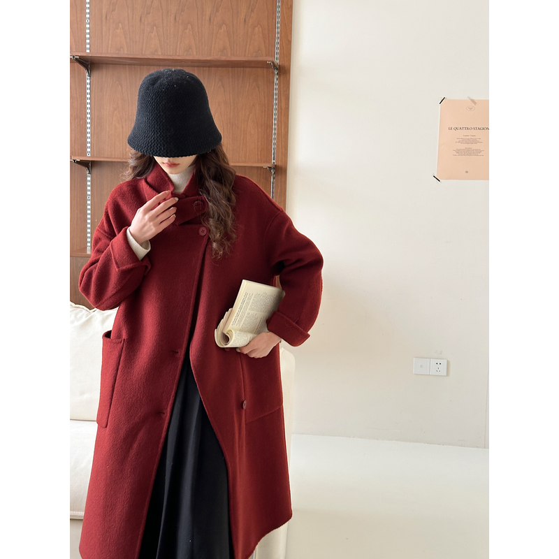 【锦衣服饰】CY 23066韩系简约侧扣立领过膝羊毛大衣