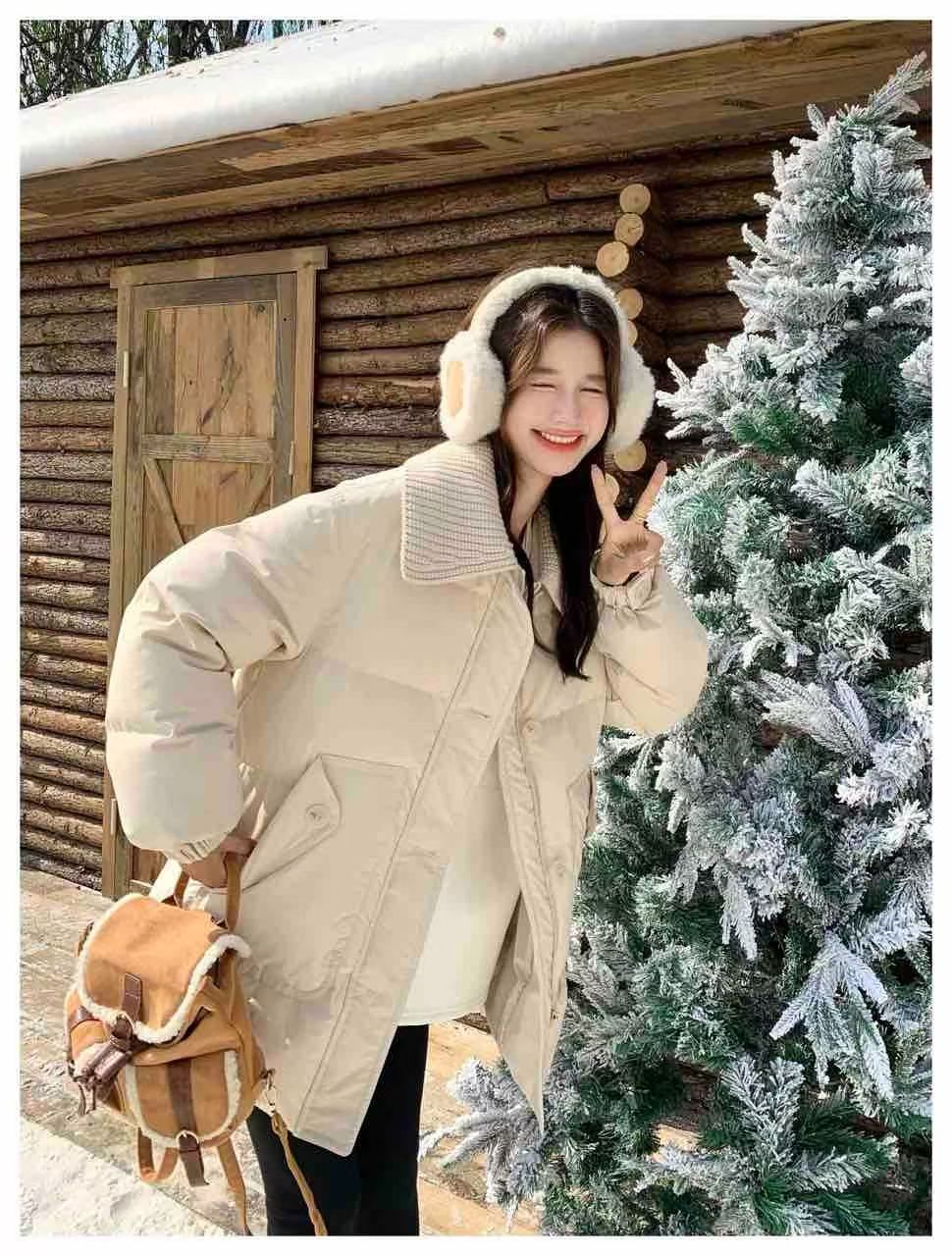 韩系胖mm洋气显瘦大兜女中长款针织领拼接棉服外套加厚女外套3376