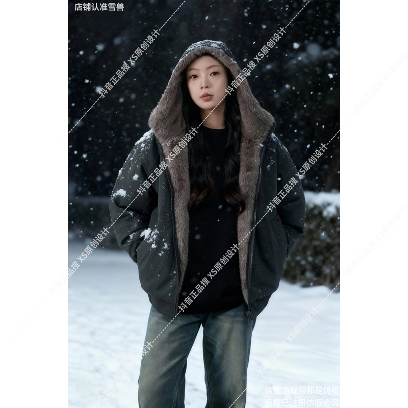 【连帽两面穿座山雕】仿双色银蓝狐重磅水洗牛津帆布保暖加厚外套HT