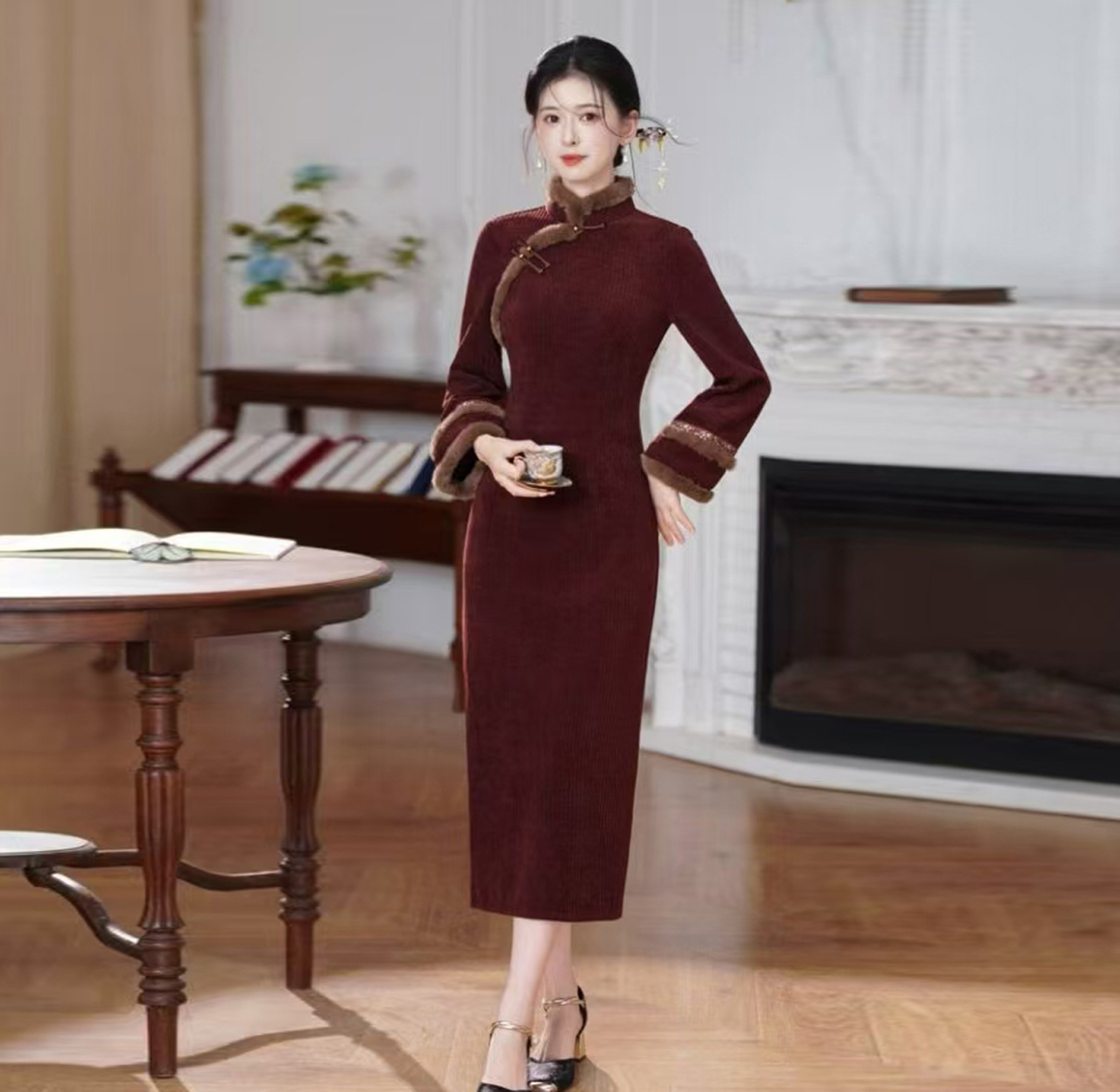【林菲】秋冬年轻改良款长袖加厚保暖复古中式旗袍优雅显瘦日常修身