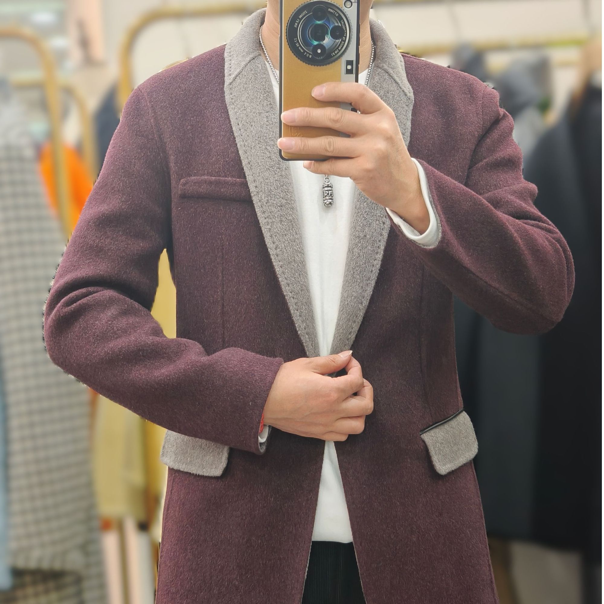 男士时尚青果领双面异色修身简约休闲小西装双面羊毛外套