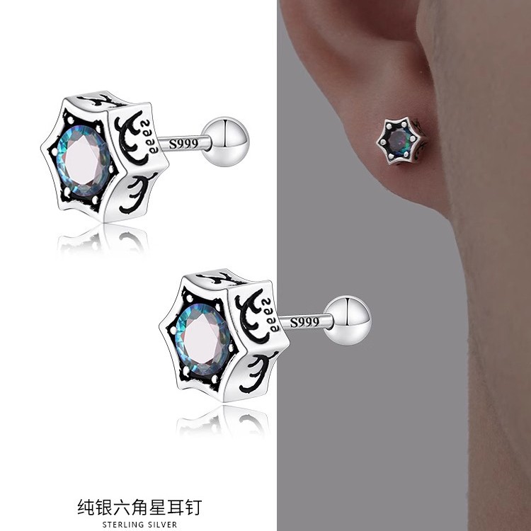 足银耳饰 耳钉男复古冷淡风高级感幻彩六角星耳环男款耳饰轻奢ins