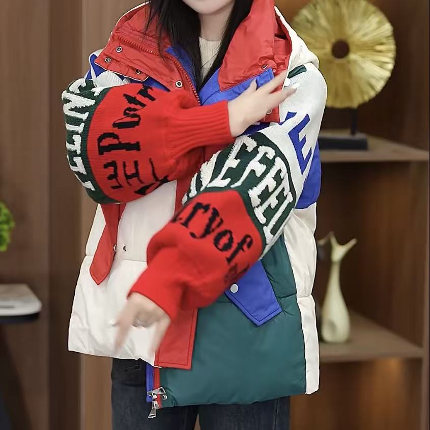 欧洲站设计感时尚宽松大码遮肚显瘦针织设计感时尚针织拼接棉服女