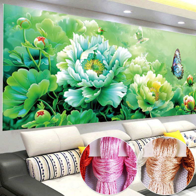 十字绣2025新款明翠欲滴线绣绿牡丹花开富贵蝴蝶客厅挂画自绣