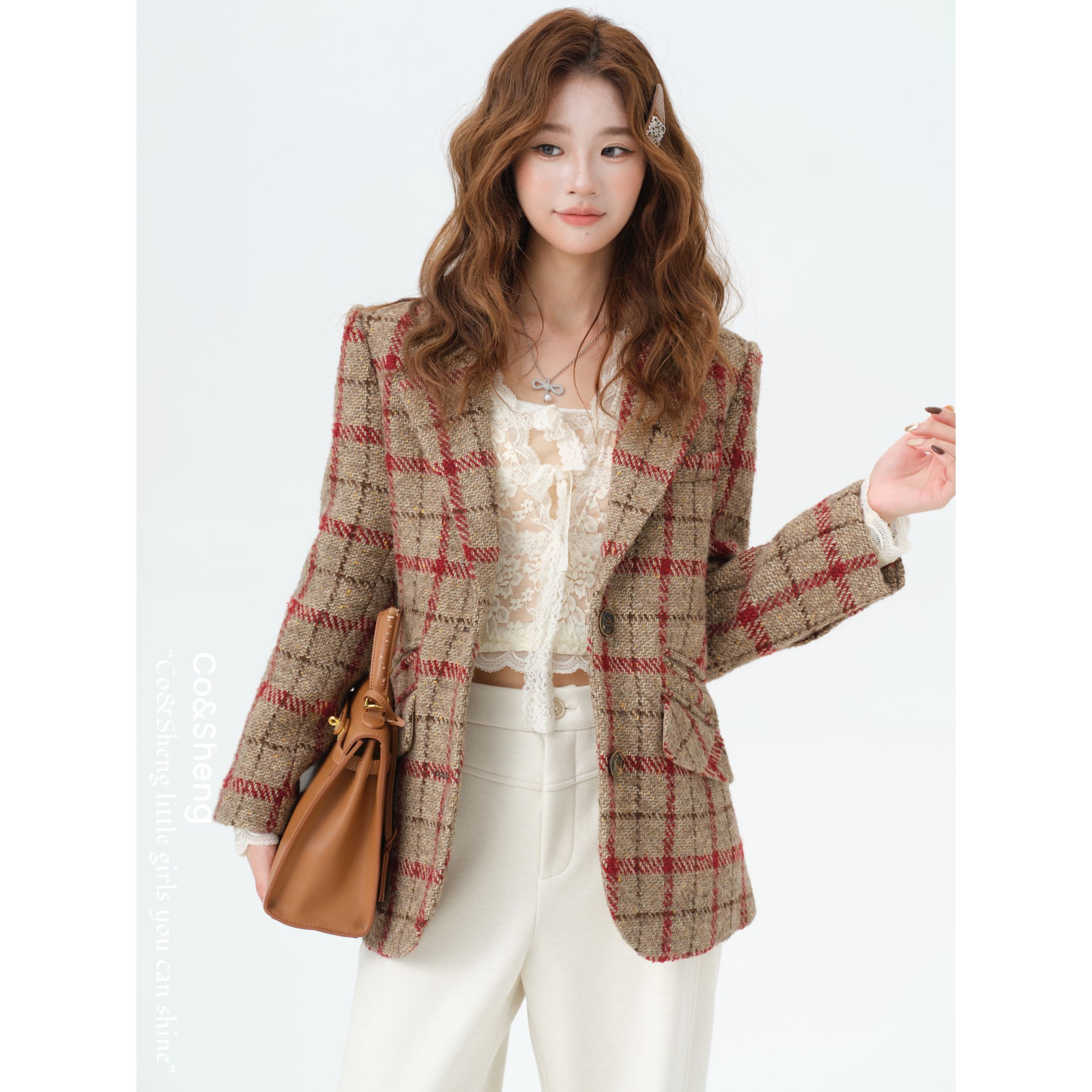 秋辞/Co&Sheng小个子女款格子西装外套时尚气质设计通勤风格纹