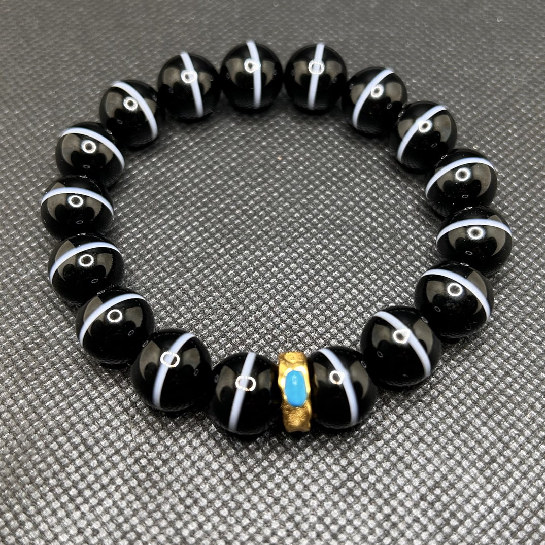 天然原矿无优化黑白一线药师条纹玛瑙精品手串12mm左右