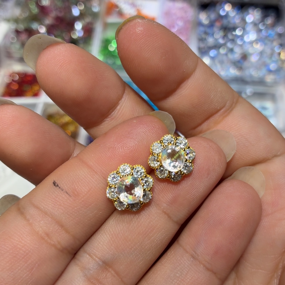 月光石耳钉银S925镶嵌