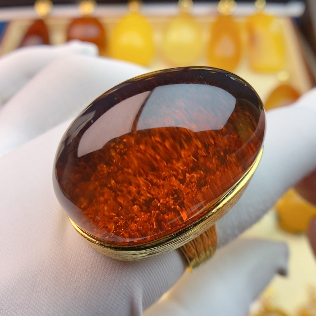 琥珀戒指银S925镀金镶嵌