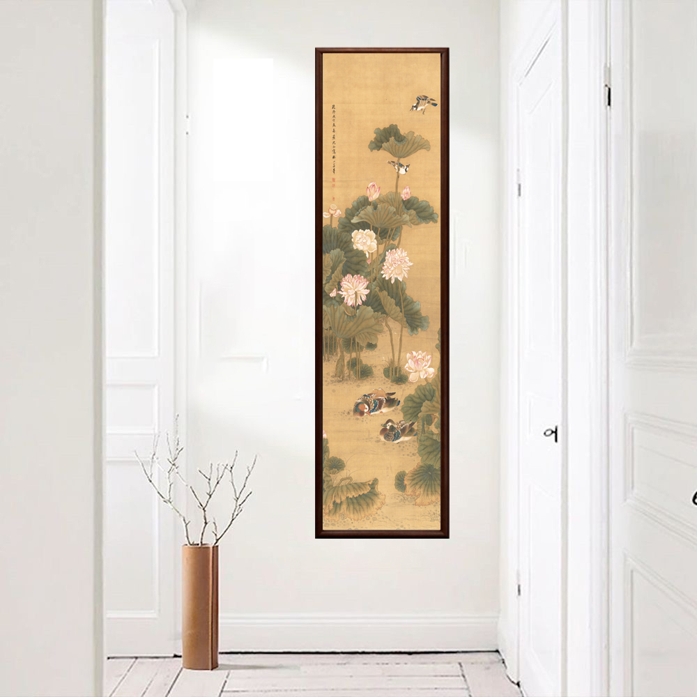 230-40*150沈铨《荷塘鸳鸯图》中式实木挂画适用于客厅玄关书房茶室