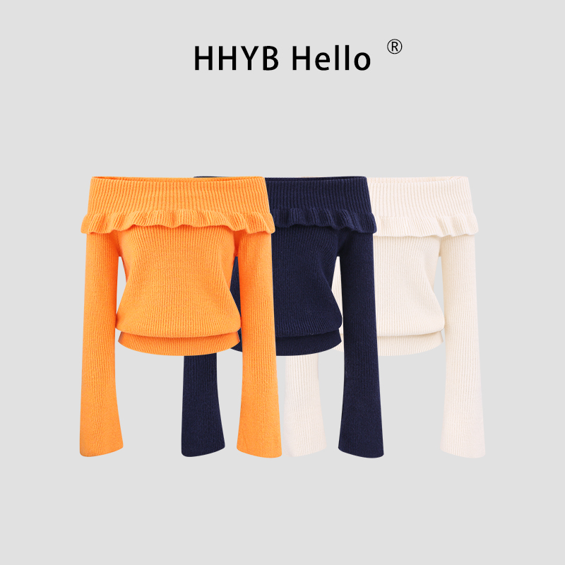 HHYB Hello简约长袖针织打底衫女冬新款荷叶边轻熟小众上衣M1643