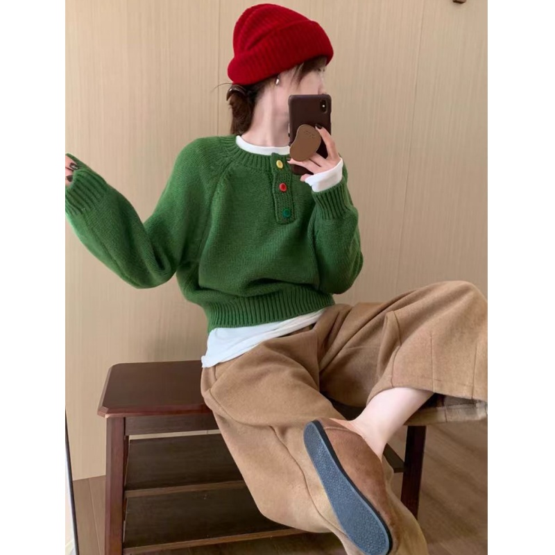 松绿气质三粒扣简约百搭加厚套头毛衣韩系精致100