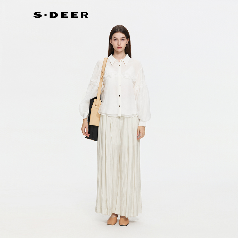 S·DEER圣迪奥女装衬衣白色休闲复古百褶提花绣花衬衫S253Z0528