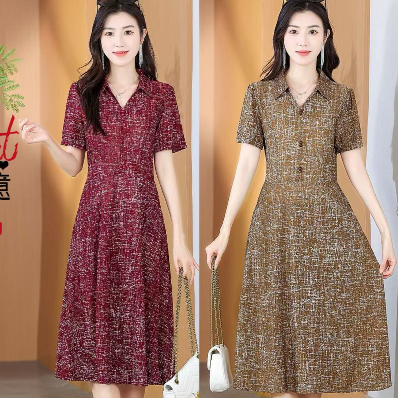 新款妈妈装连衣裙短袖有口袋   亮色工艺款  四色连衣裙