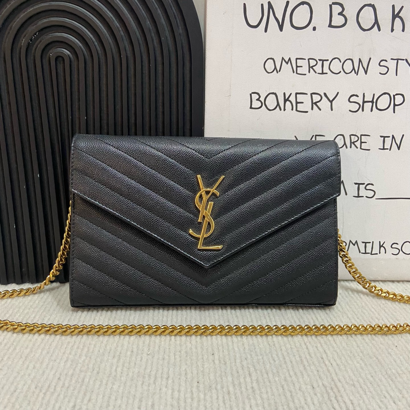 95新 YSL/圣罗兰 黑金鱼子酱信封包 中号