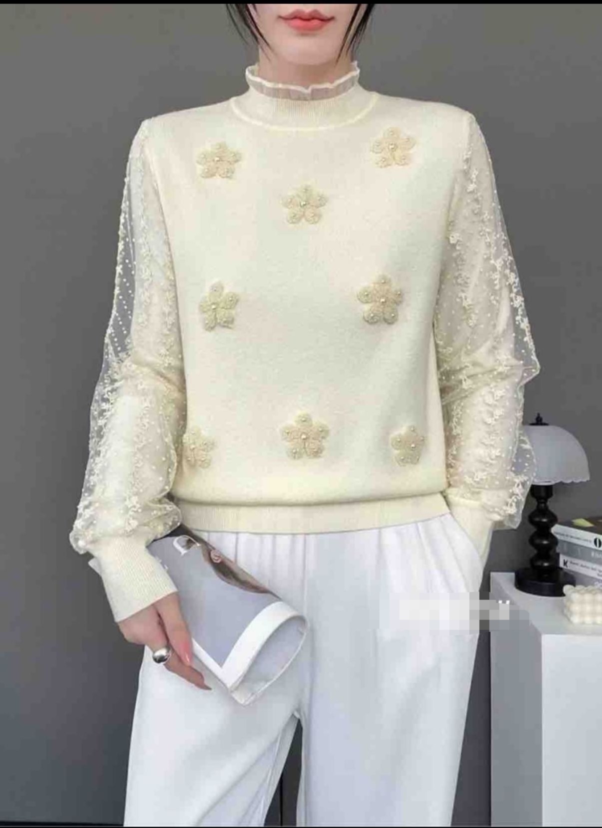 【0259   蕾丝针织】针织百搭长袖上衣纯色套头