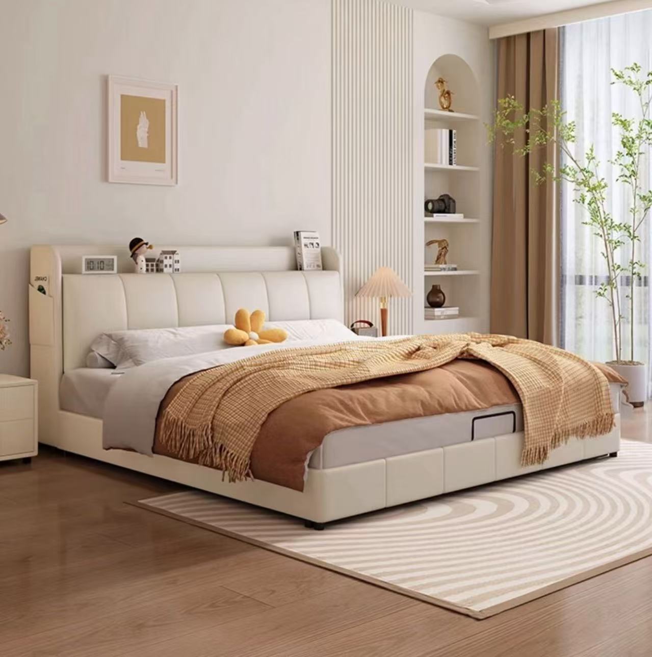 现代简约奶油风真皮大床双人带储物款轻奢