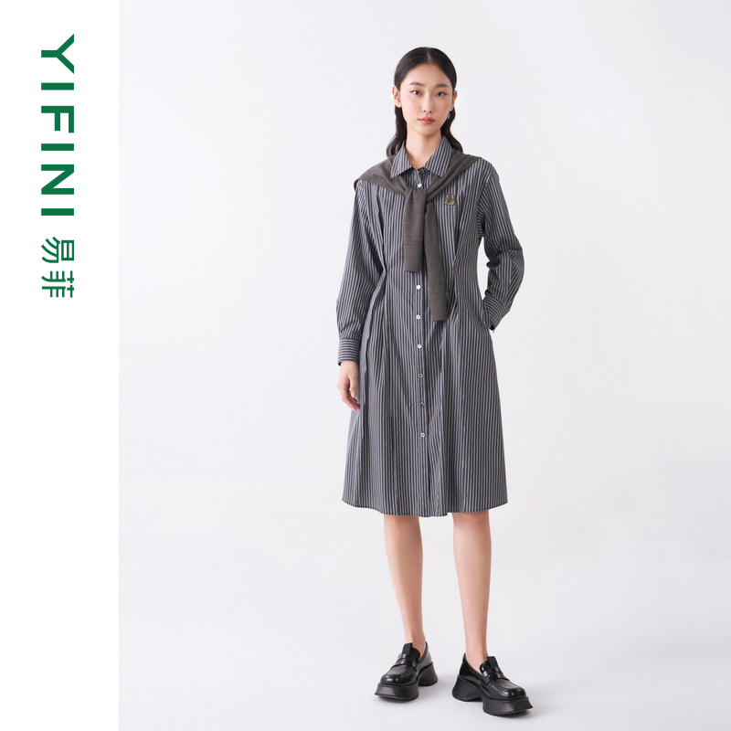 【Yifini】专柜同款条纹学院风减龄舒适X型长袖连衣裙