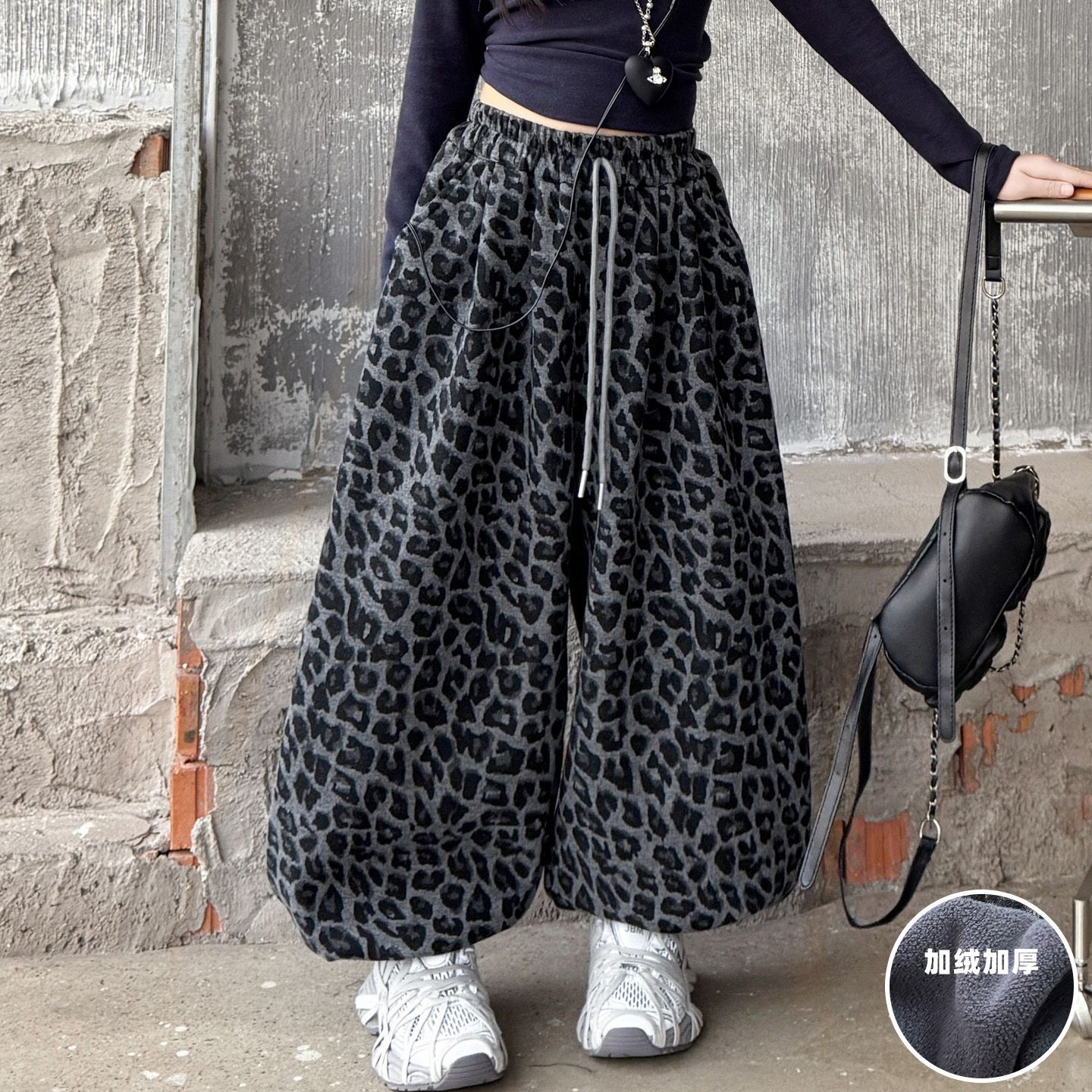 女童加绒豹纹阔腿哈伦裤秋冬新款洋气百搭保暖裤子中大童休闲裤