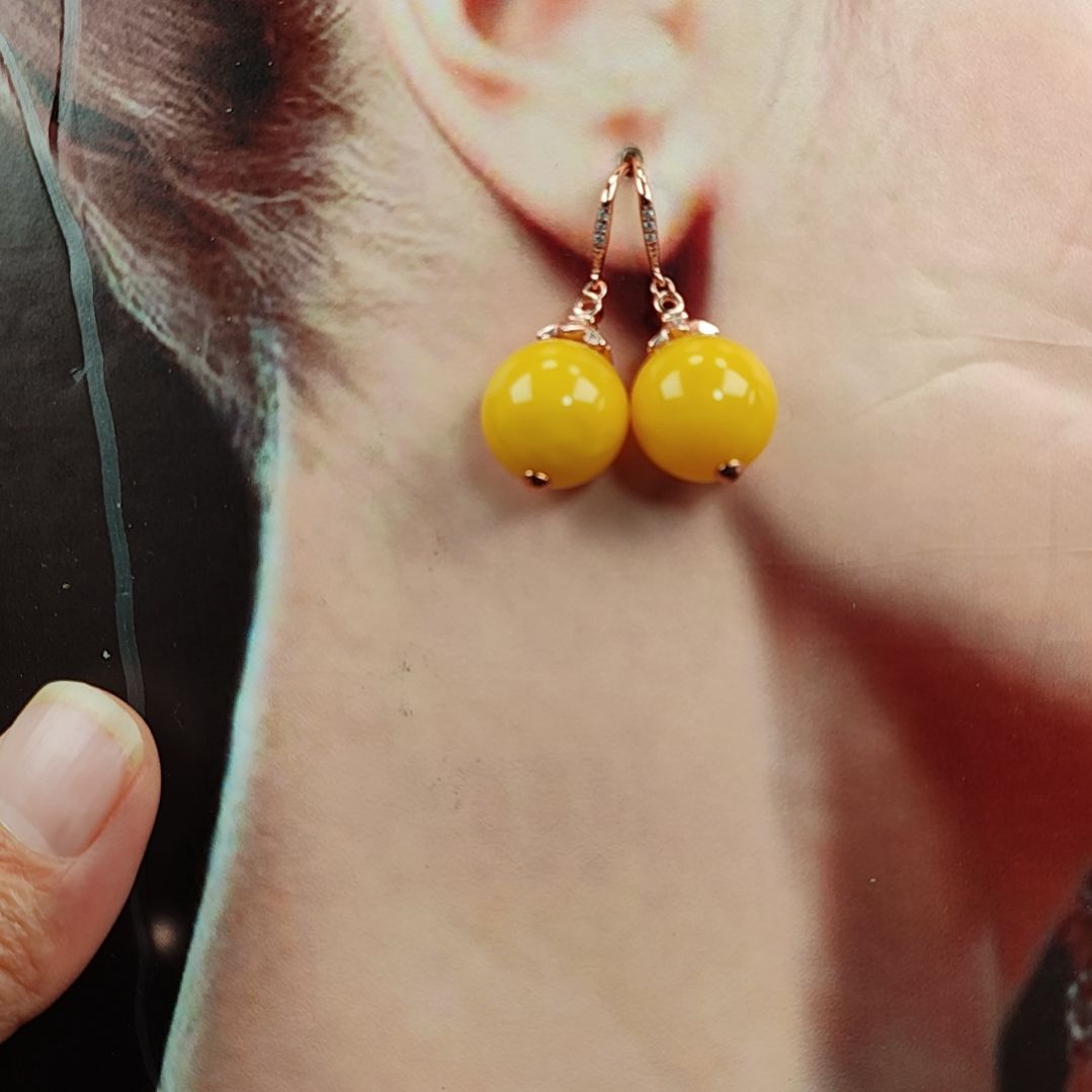 琥珀耳饰银S925镀金镶嵌淡*