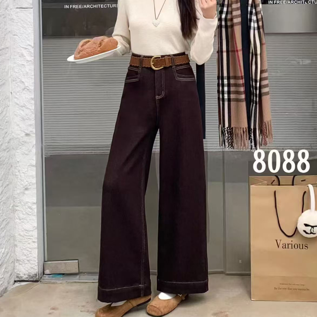 （裤长98）8088加绒加厚咖色牛仔阔腿裤高腰显瘦直筒裤
