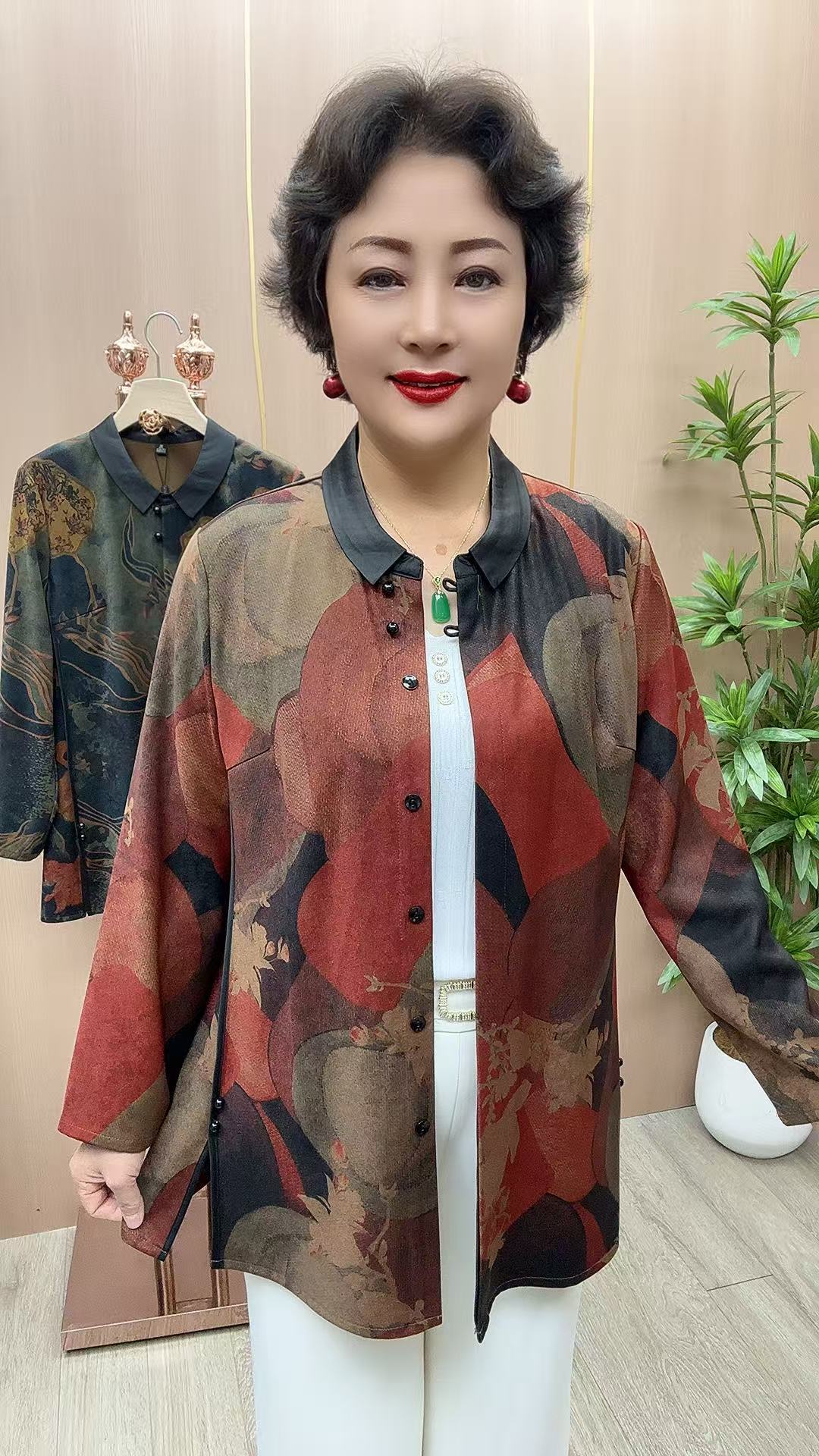 Z#2428长袖开衫 衣长72 中老年女装 中长款开叉系扣外套