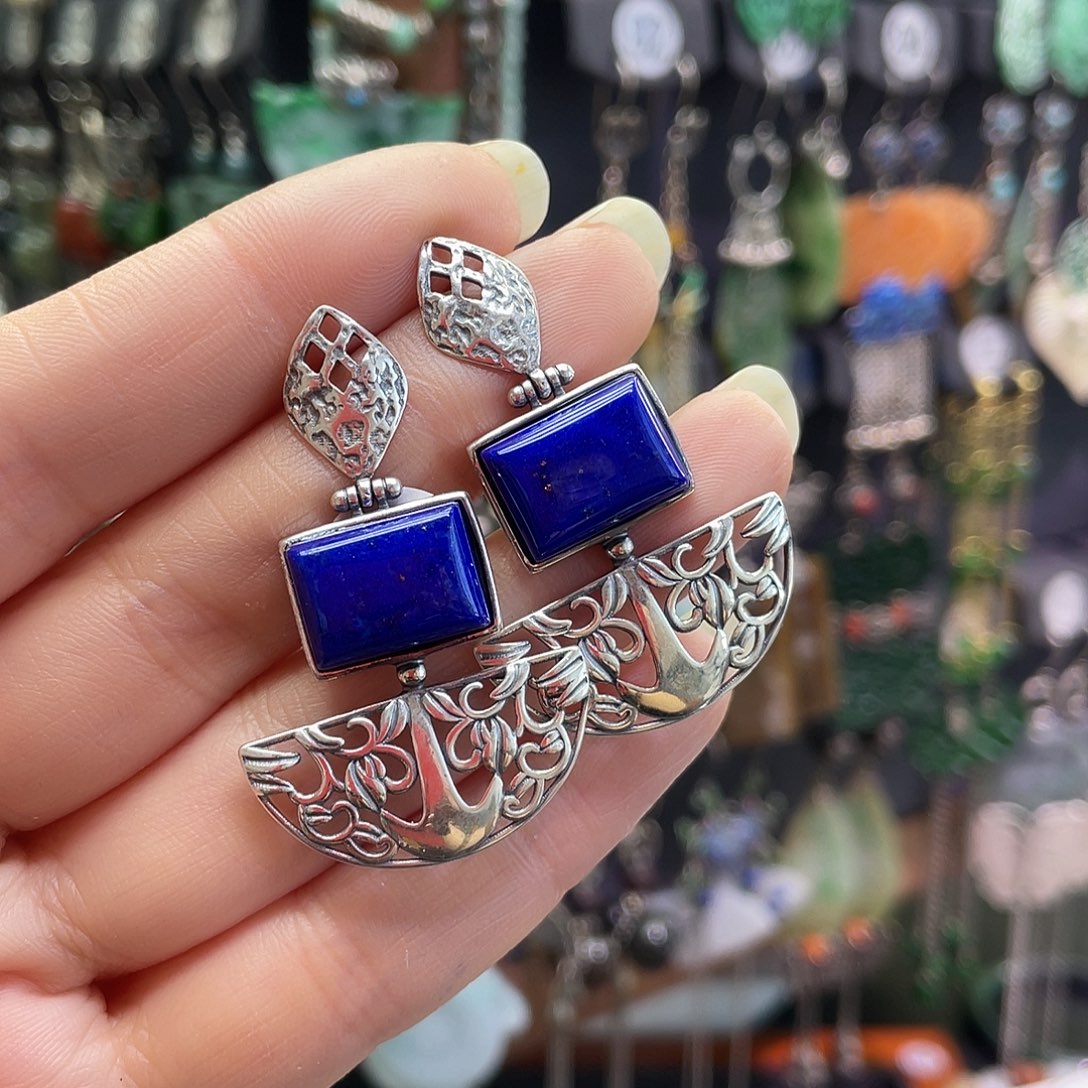 云***摇青金石银S925镶嵌耳饰945hjhgh