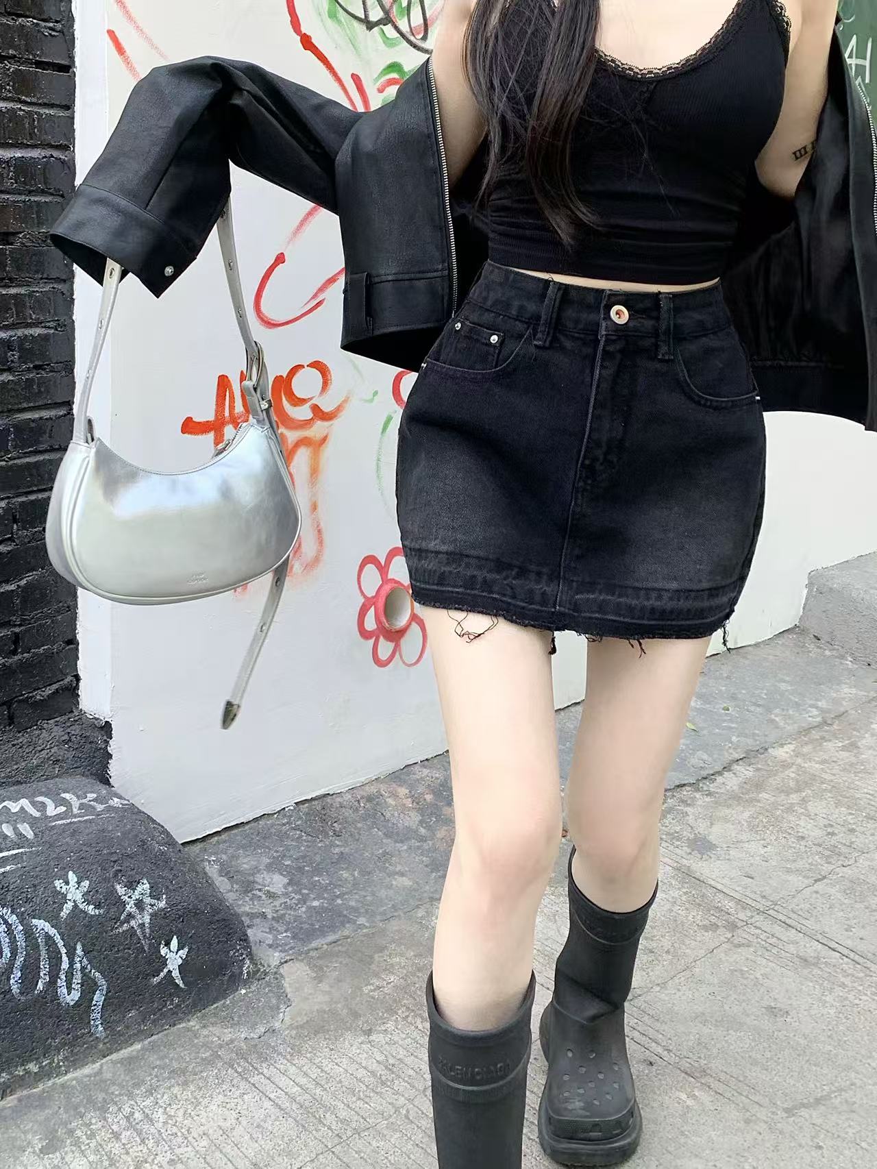 8913秋季新款美式复古简约辣妹通勤时尚百搭休闲高腰半身牛仔裙
