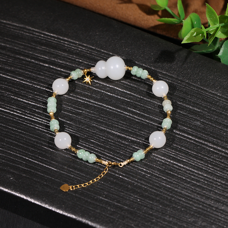 【叶叶珠宝】849 和田玉新疆白玉葫芦手串+18k金+翡翠16.5*12