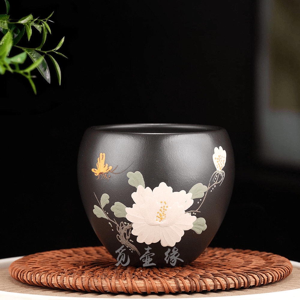 宜兴原矿紫砂石黄泥绘花水缸杯龙蛋紫砂主人杯品茗杯茶具200cc