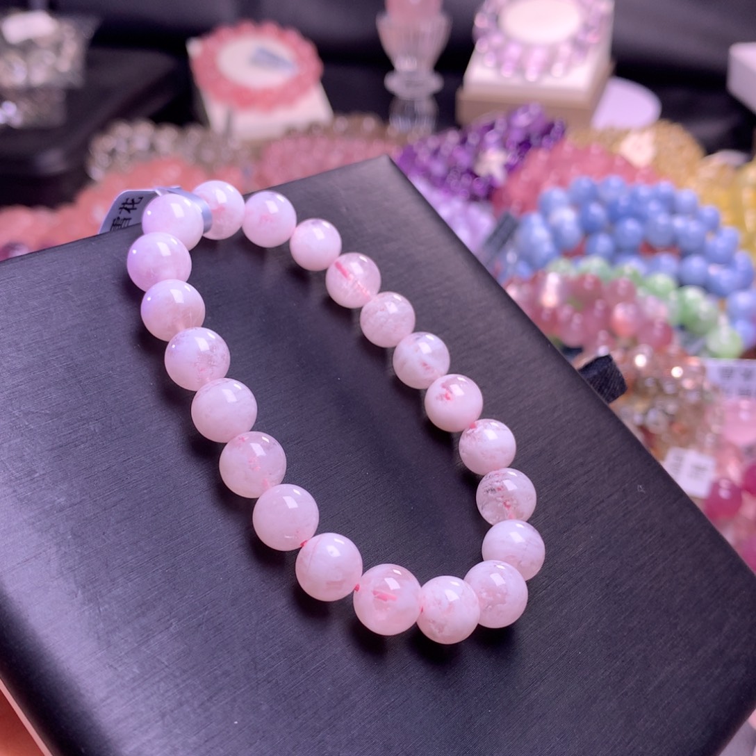 银S925镶嵌水晶手串草莓大福粉雪花 9m+