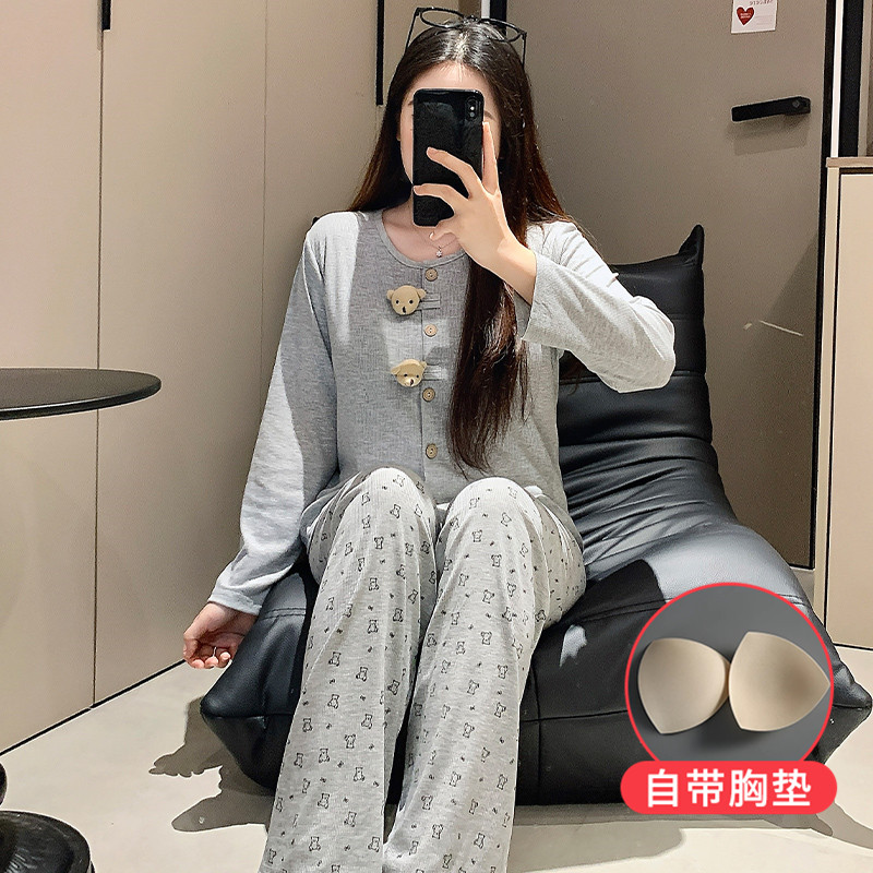 秋季新款少女带胸垫睡衣卡通公仔透气学生可外穿长袖家居服套装