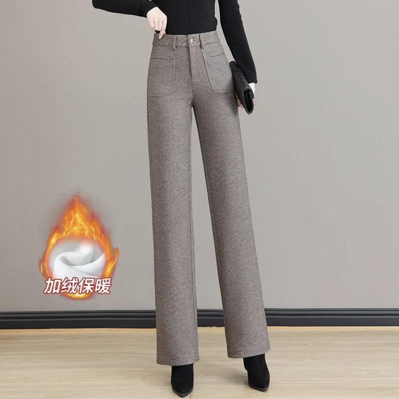 1896秋冬季新款加绒加厚高腰弹力垂感显瘦呢微喇裤百搭简约女裤