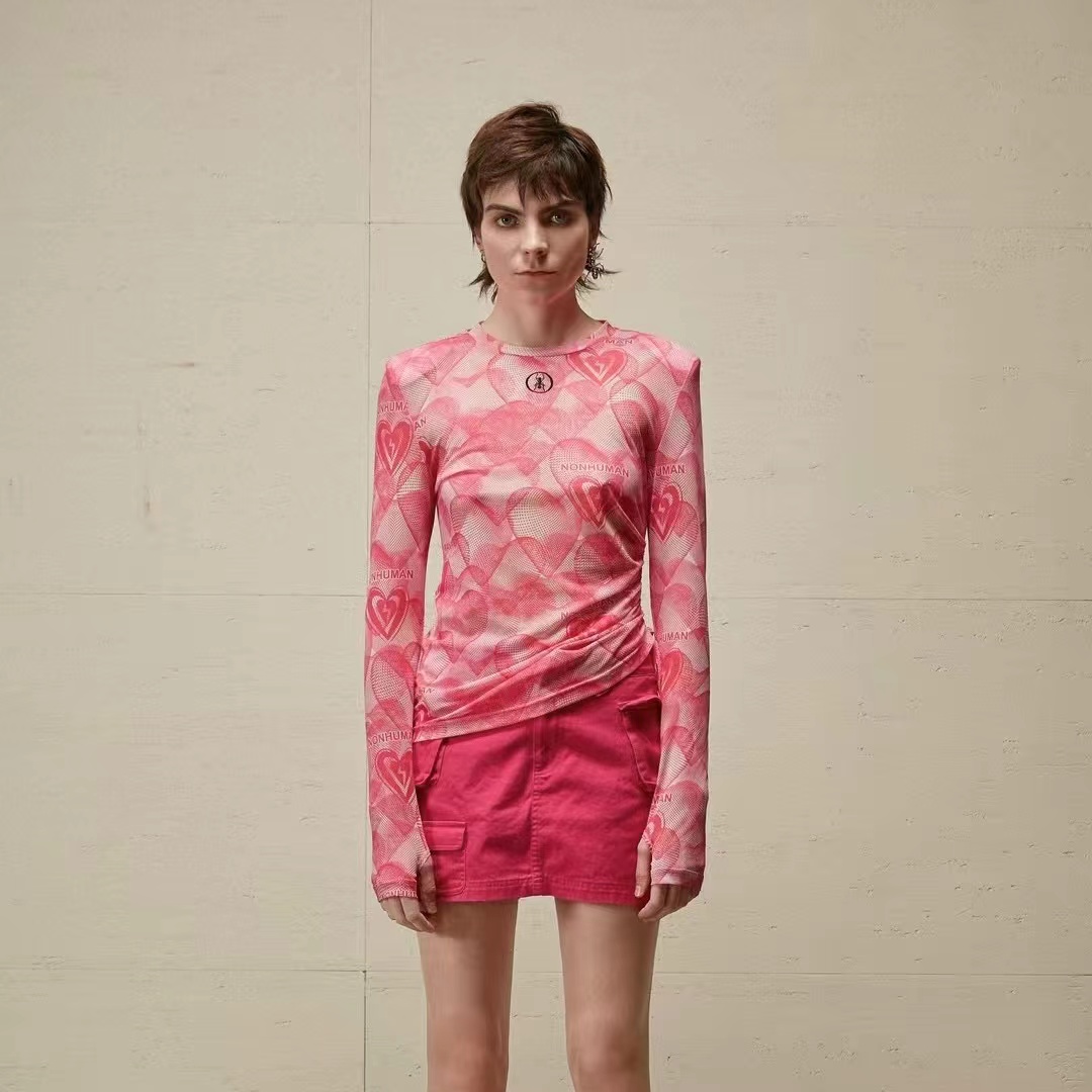 NONHUMAN蚂蚁家25粉色女款修身皮肤衣长袖休闲印花圆领套头打底衫