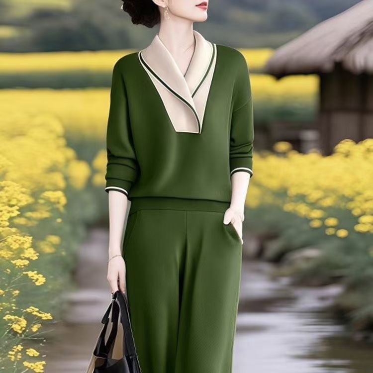 设计感撞色拼接休闲气质翻领上衣女2025春秋新款时尚直筒卫裤套装