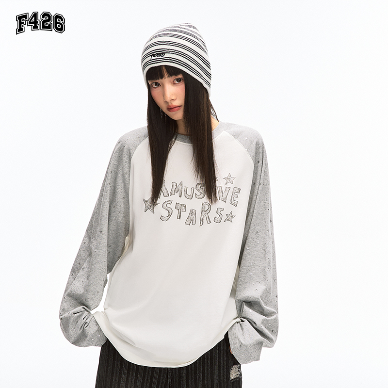 F426国潮牌秋季新款美式星星烫银拼接撞色插肩袖长袖7157