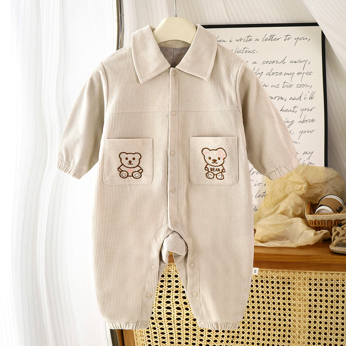 婴幼儿双层连体衣春秋季新生儿小熊翻领哈衣