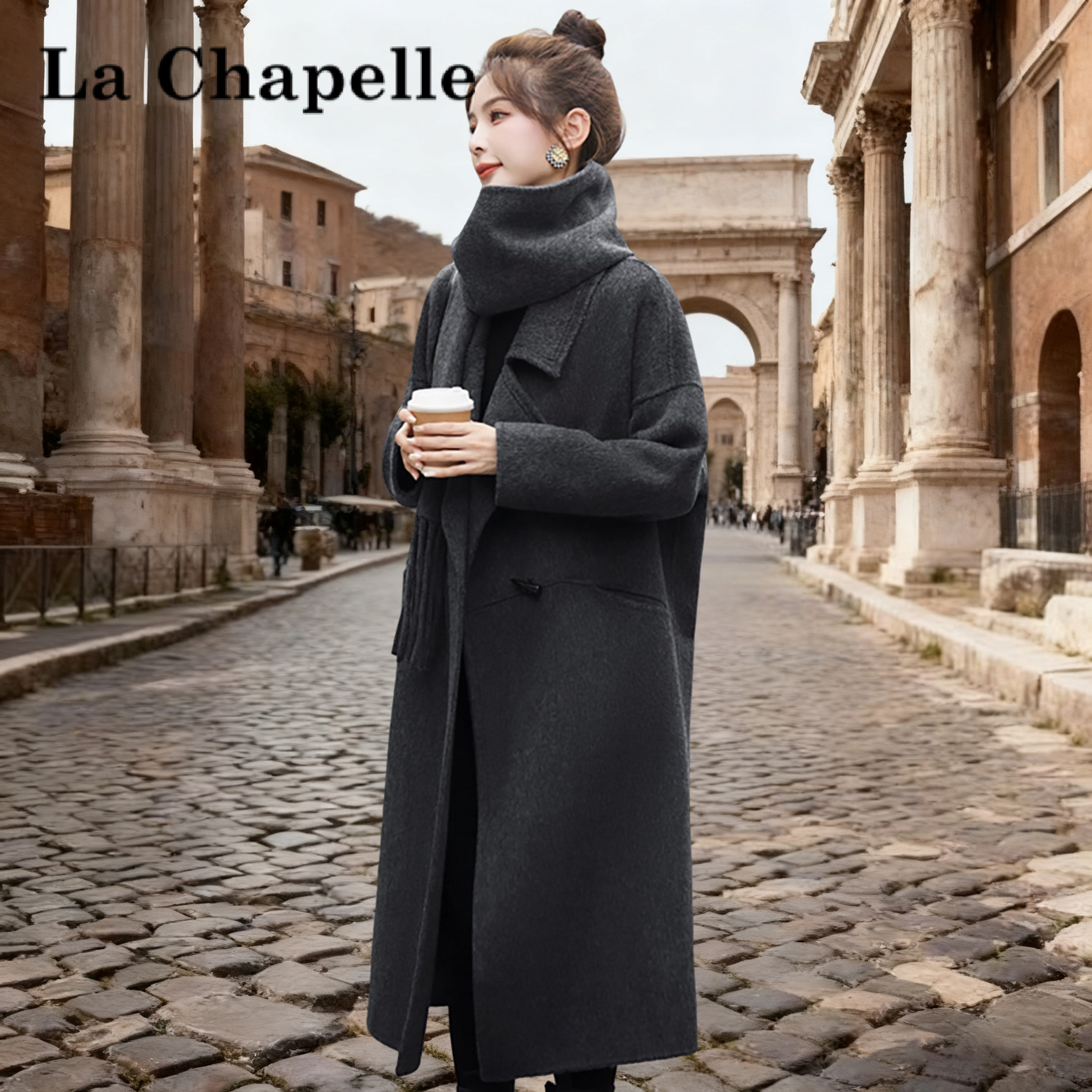 拉夏贝尔绵羊毛厚款保暖大衣毛呢外套呢子秋冬服饰英伦风女装长款
