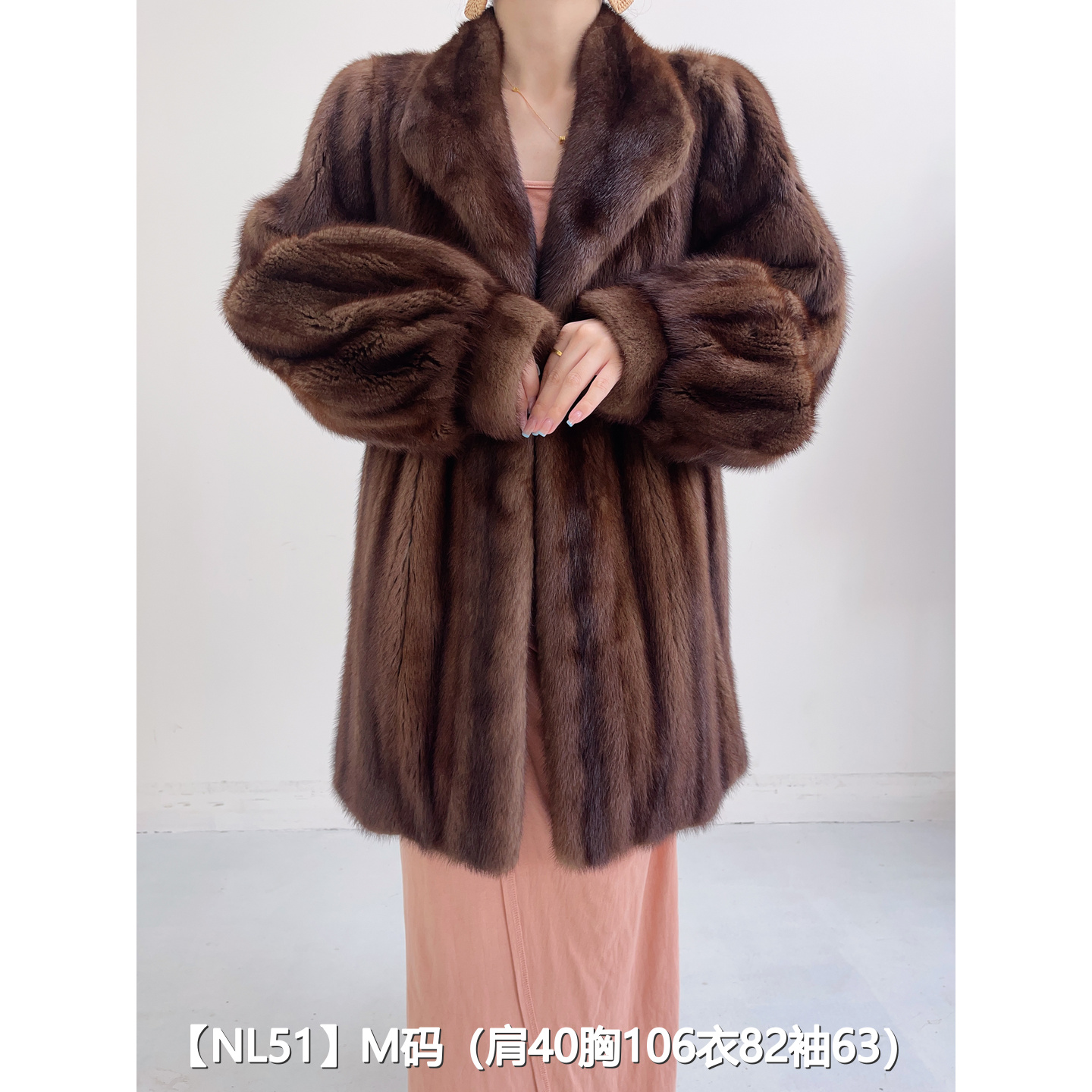 【NL51】M 冷茶棕中长款全抽貂皮水貂外套女 翻领泡泡袖 11051