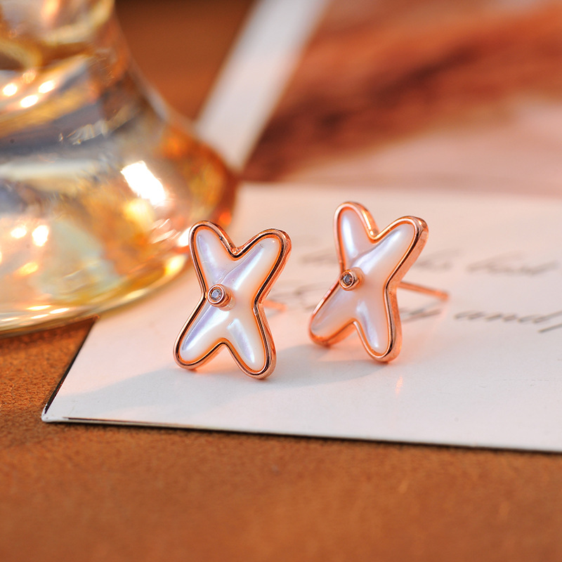 合金耳饰 133号韩版交叉白背耳钉女玫瑰金字母X形网红耳环耳饰气