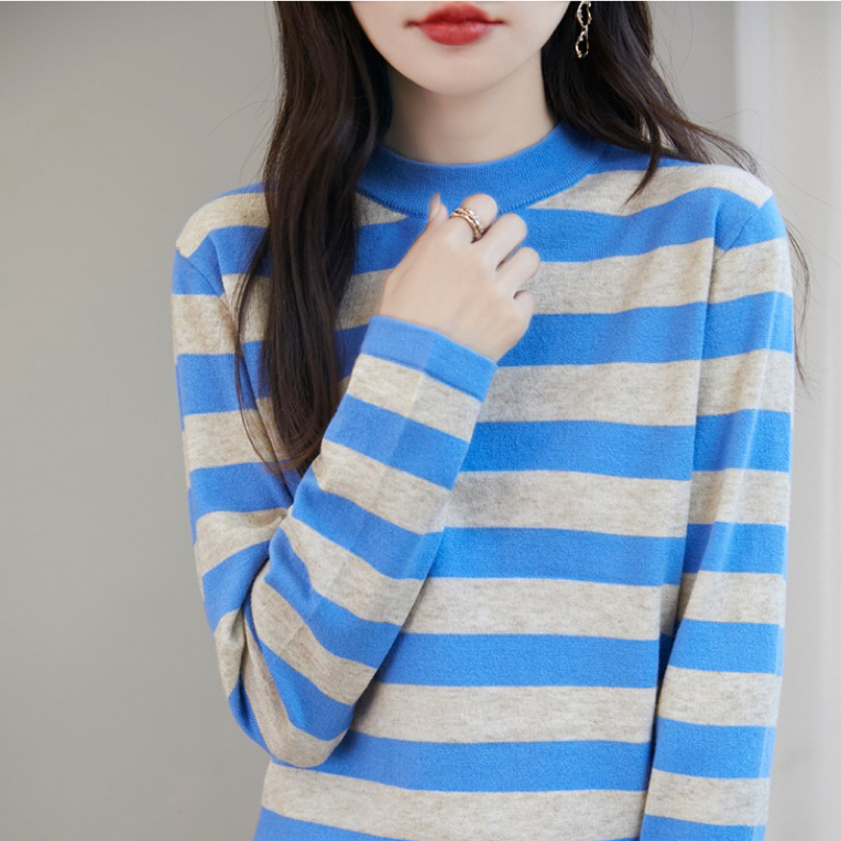 半高领条纹100%纯羊毛衫女套头拼接毛衣针织打底衫秋冬