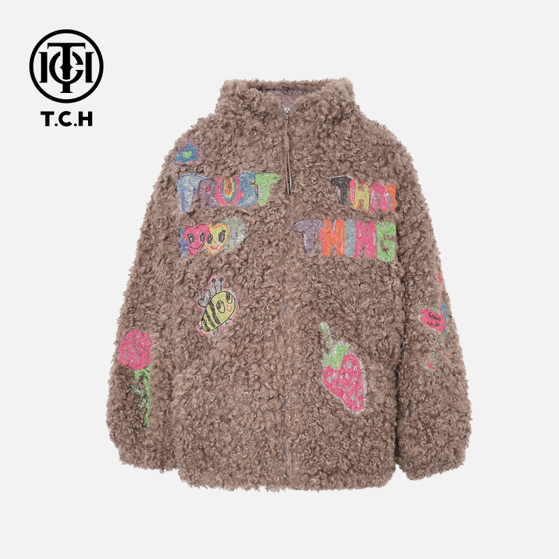 TCH【时尚气质/冬季穿搭】时尚烫钻卡其休闲毛毛外套T75D27E5005